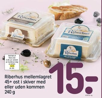 REMA 1000 Riberhus mellemlagret 45+ ost i skiver med eller uden kommen tilbud
