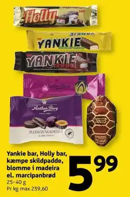 Løvbjerg Yankie bar, Holly bar, kæmpe skildpadde, blomme i madeira el. marcipanbrød tilbud