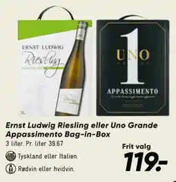 Bilka Ernst Ludwig Riesling eller Uno Grande Appassimento Bag-in-Box tilbud