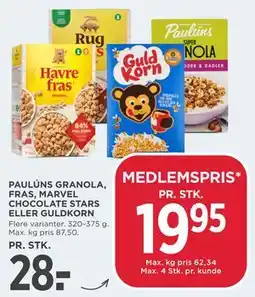 MENY PAULÚNS GRANOLA, FRAS, MARVEL CHOCOLATE STARS ELLER GULDKORN tilbud