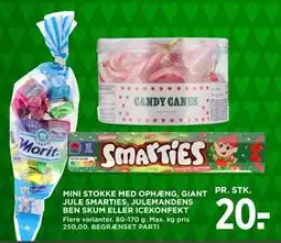 MENY MINI STOKKE MED OPHÆNG, GIANT JULE SMARTIES, JULEMANDENS BEN SKUM ELLER ICEKONFEKT tilbud