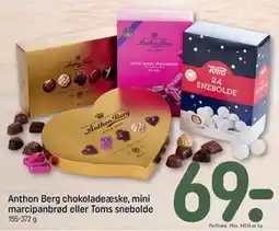 REMA 1000 Anthon Berg chokoladeæske, mini marcipanbrød eller Toms snebolde tilbud