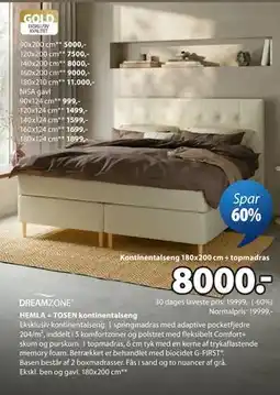 JYSK HEMLA + TOSEN kontinentalseng tilbud