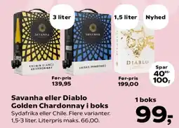 Kvickly Savanna eller Diablo Golden Chardonnay i boks tilbud