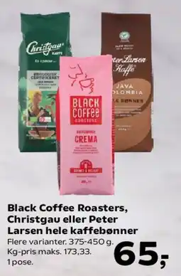 Kvickly Black Coffee Roasters, Christgau eller Peter Larsen hele kaffebønner tilbud