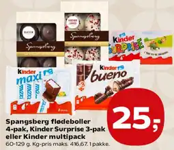 Kvickly Spangsberg flødeboller 4-pak, Kinder Surprise 3-pak eller Kinder multipack tilbud