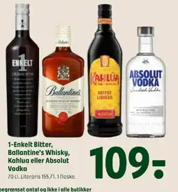 Coop 365 1-Enkelt Bitter Ballantine's Whisky Kahlua eller Absolut Vodka tilbud