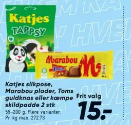Bilka Katjes slikpose, Marabou plader, Toms guldknas eller kæmpe skildpadde tilbud