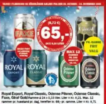Royal Export, Royal Classic, Odense Pilsner, Odense Classic, Faxe, Giral Gold Ramme