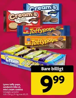 Løvbjerg Lyons toffy pops, sandwich kiks el. mini cream cookies tilbud