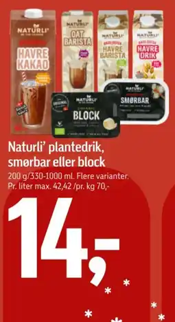 Føtex Naturli' plantedrik smørbar eller block tilbud