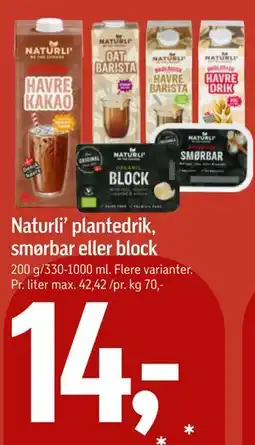 Føtex Naturli’ plantedrik, smørbar eller block tilbud