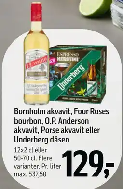 Føtex Bornholm akvavit, Four Roses bourbon, O.P. Anderson akvavit, Porse akvavit eller Underberg dåsen tilbud
