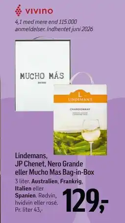 Føtex Lindemans, JP Chenet, Nero Grande eller Mucho Mas Bag-in-Box tilbud