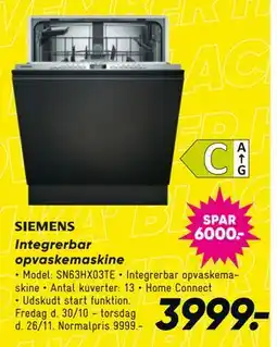 Bilka SIEMENS Integrerbar opvaskemaskine tilbud