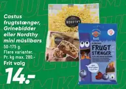 Bilka Castus frugtstænger, Grinebidder eller Nordthy mini müslibars tilbud