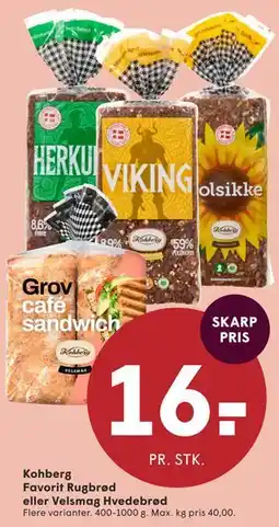 SPAR Kohberg Favorit Rugbrød eller Velsmag Hvedebrød tilbud