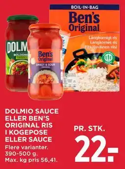 MENY DOLMIO SAUCE ELLER BEN’S ORIGINAL RIS I KOGEPOSE ELLER SAUCE tilbud