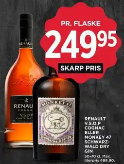 MENY RENAULT V.S.O.P COGNAC ELLER MONKEY 47 SCHWARZWALD DRY GIN tilbud