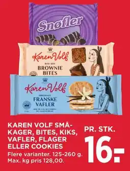 MENY KAREN VOLF SMÅKAGER, BITES, KIKS, VAFLER, FLAGER ELLER COOKIES tilbud