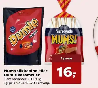 Kvickly Mums slikkepind eller Dumle karameller tilbud