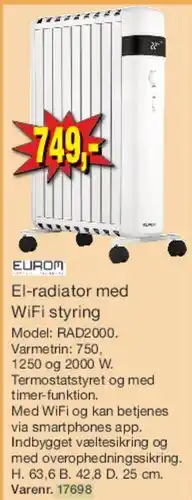 Harald Nyborg Eurom El-radiator med WiFi styring (RAD2000) tilbud