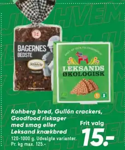 Bilka Kohberg brød, Gullón crackers, Goodfood riskager med smag eller Leksand knækbrød tilbud