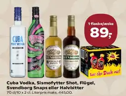 SuperBrugsen Cuba Vodka, Sismofytter Shot, Flügel, Svendborg Snaps eller Halvbitte tilbud