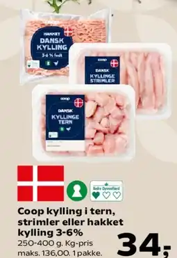 Kvickly Coop kylling i tern, strimler eller hakket kylling 3-6% tilbud