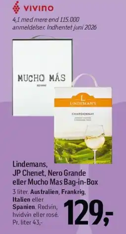 Føtex Lindemans, JP Chenet, Nero Grande eller Mucho Mas Bag-in-Box tilbud
