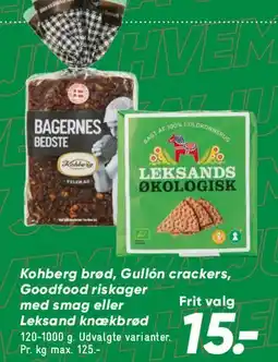 Bilka Kohberg brød, Gullón crackers, Goodfood ris kager eller Leksand knækbrød tilbud
