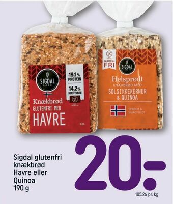 REMA 1000 Sigdal glutenfri knækbrød Havre eller Quinoa tilbud