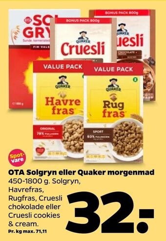 Netto OTA Solgryn eller Quaker morgenmad tilbud