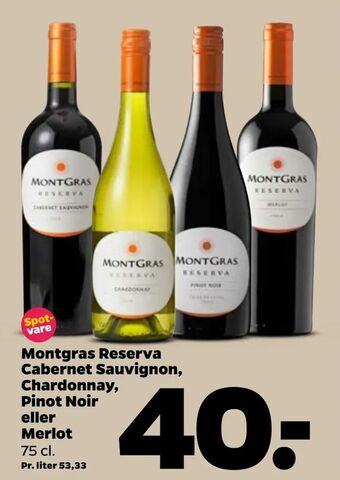 Netto Montgras Reserva Cabernet Sauvignon, Chardonnay, Pinot Noir eller Merlot tilbud