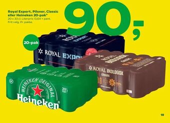 Coop 365 Royal Export, Pilsner, Classic eller Heineken 20-pak tilbud