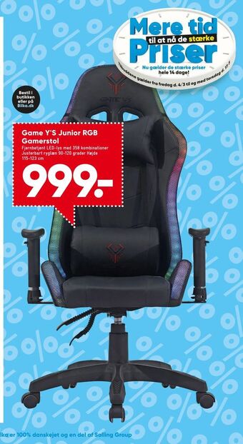 Bilka Game Y'S Junior RGB Gamerstol tilbud