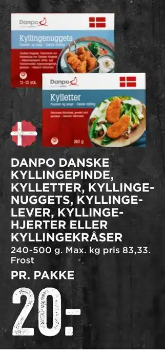 MENY Danpo danske kyllingepinde, kylletter, kyllingenuggets, kyllinge­ lever, kyllinge­hjerter eller kyllingekråser tilbud