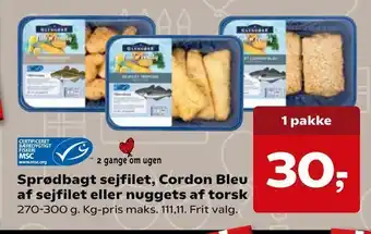 SuperBrugsen Sprødbagt sejfilet, Cordon Bleu af sejfilet eller nuggets af torsk tilbud