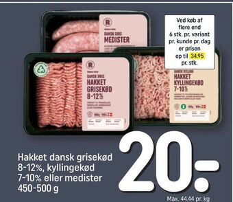 REMA 1000 Hakket dansk grisekød 8-12%, kyllingekød 7-10% eller medister tilbud