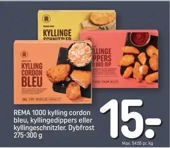 REMA 1000 REMA 1000 kylling cordon bleu, kyllingedippers eller kyllingeschnitzler. Dybfrost tilbud