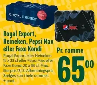 Min Købmand Royal Export Heineken, Pepsi Max Eller Faxe Kondi 15x33 Cl tilbud