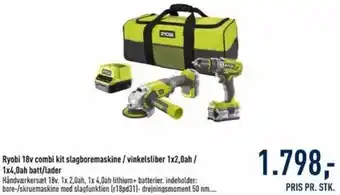 Johannes Fog Ryobi 18v Combi Kit Slagboremaskine/Vinkelsliber 1x2,0ah/ 1x4,0ah Batt tilbud