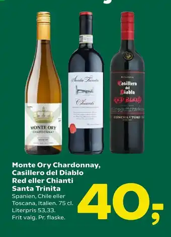 Monte Ory Chardonnay, Casillero del Diablo Red eller Chianti Santa Trinita
