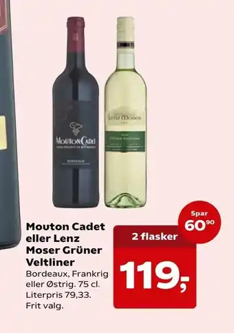 SuperBrugsen Mouton Cadet eller Lenz Moser Grüner Veltliner tilbud