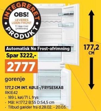 Power Gorenje 177,2 Cm Int. Køle-/Fryseskab RKIE42 tilbud