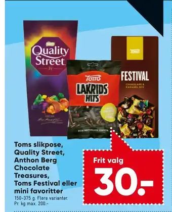 Bilka Toms slikpose, Quality Street, Anthon Berg Chocolate Treasures, Toms Festival eller mini favoritter tilbud