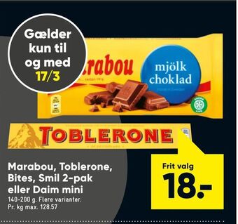 Bilka Marabou, Toblerone, Bites, Smil 2-pak eller Daim mini tilbud