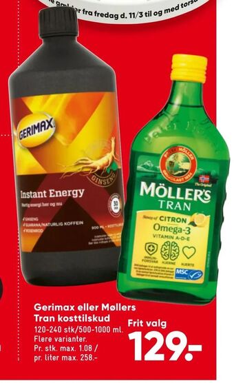 Bilka Gerimax eller Møllers Tran kosttilskud tilbud
