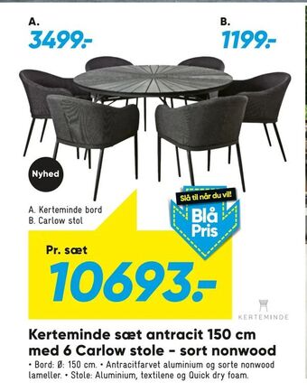 Bilka Kerteminde sæt antracit 150 cm med 6 Carlow stole - sort nonwood tilbud
