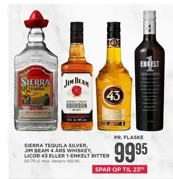 MENY Sierra tequila silver, jim beam 4 års whiskey, licor 43 eller 1-enkelt bitter tilbud